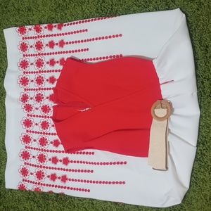 White & Red Flower Power Embroidery 60s Maxi Dress